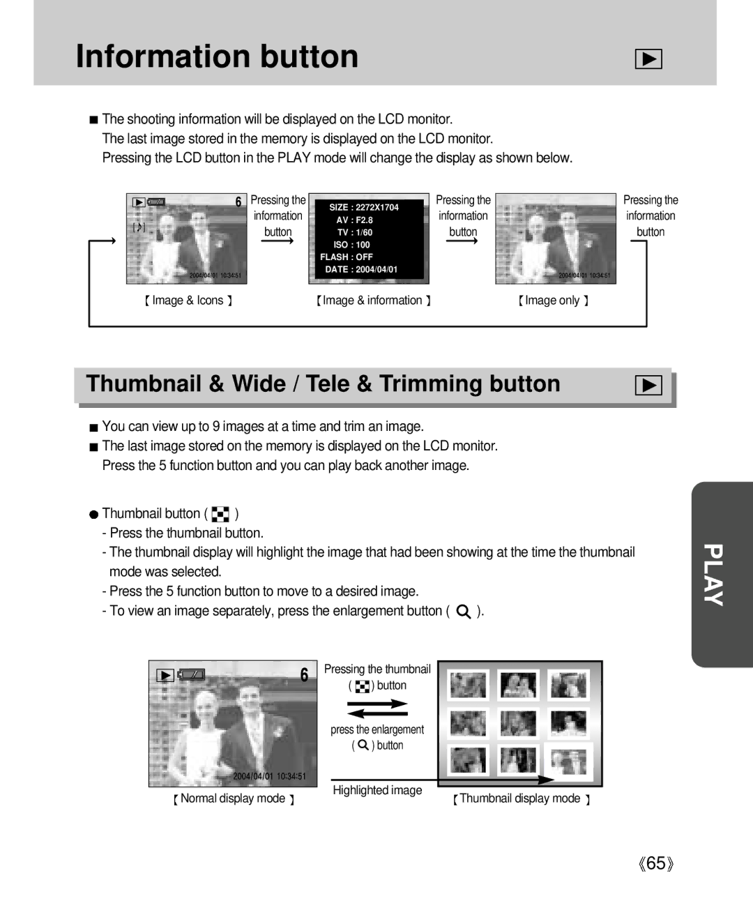 Samsung Digimax V4000 manual Information button, Thumbnail & Wide / Tele & Trimming button 