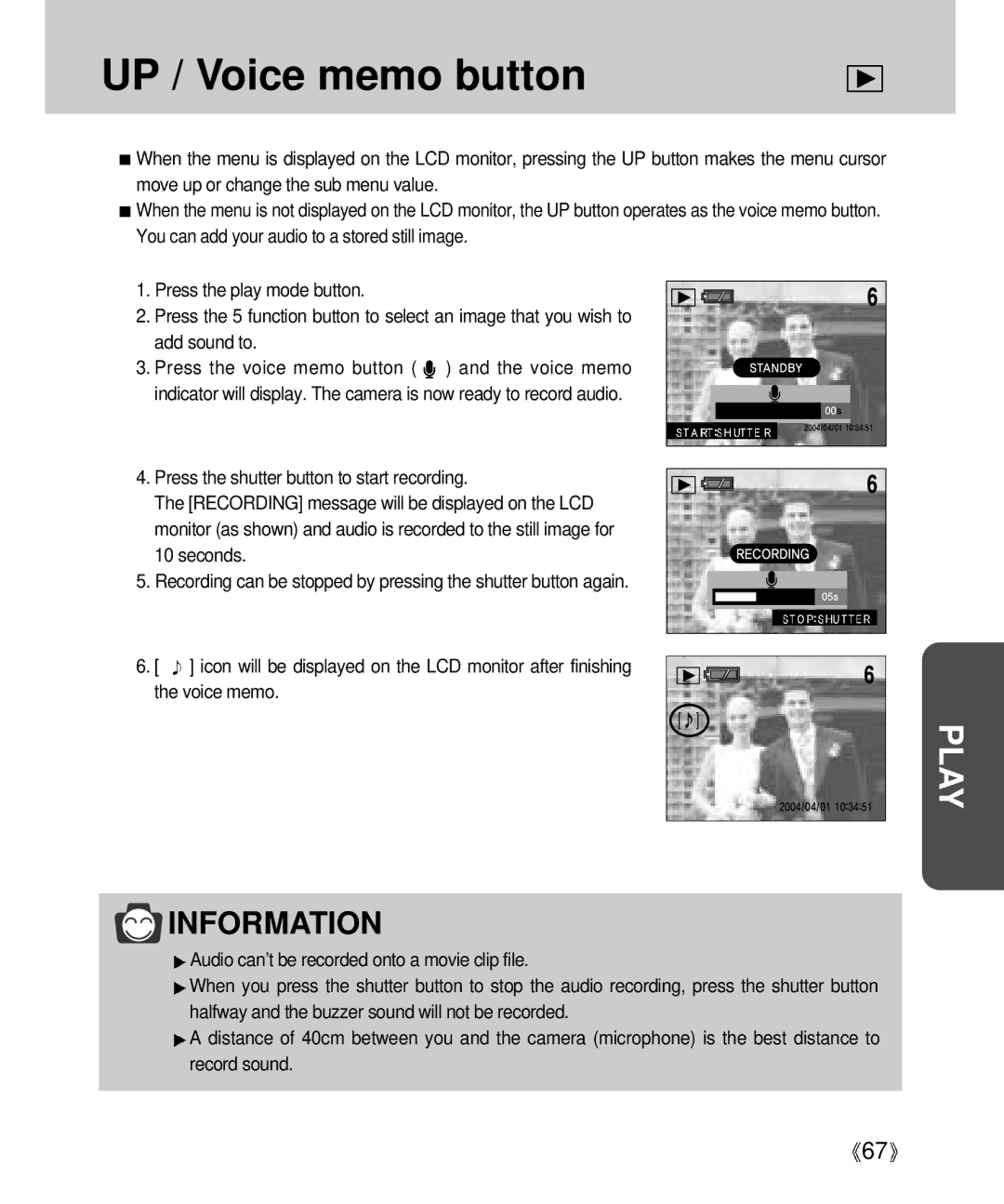 Samsung Digimax V4000 manual UP / Voice memo button 