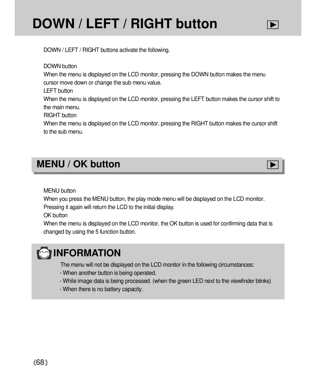 Samsung Digimax V4000 manual Down / Left / Right button, Menu / OK button 