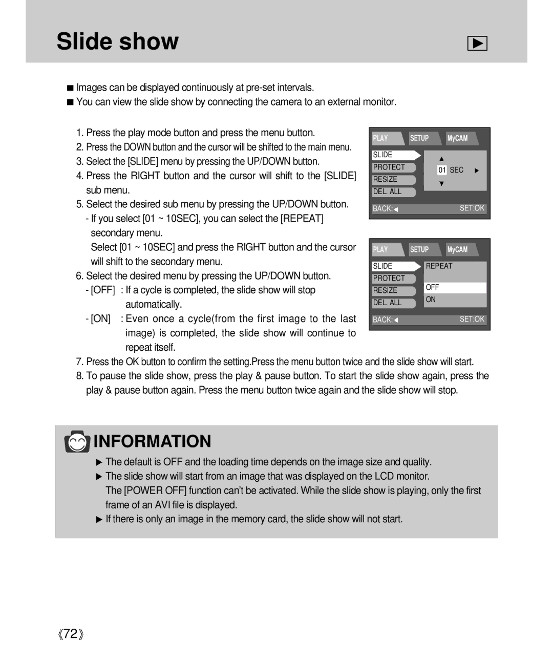 Samsung Digimax V4000 manual Slide show, Select the Slide menu by pressing the UP/DOWN button, Automatically 