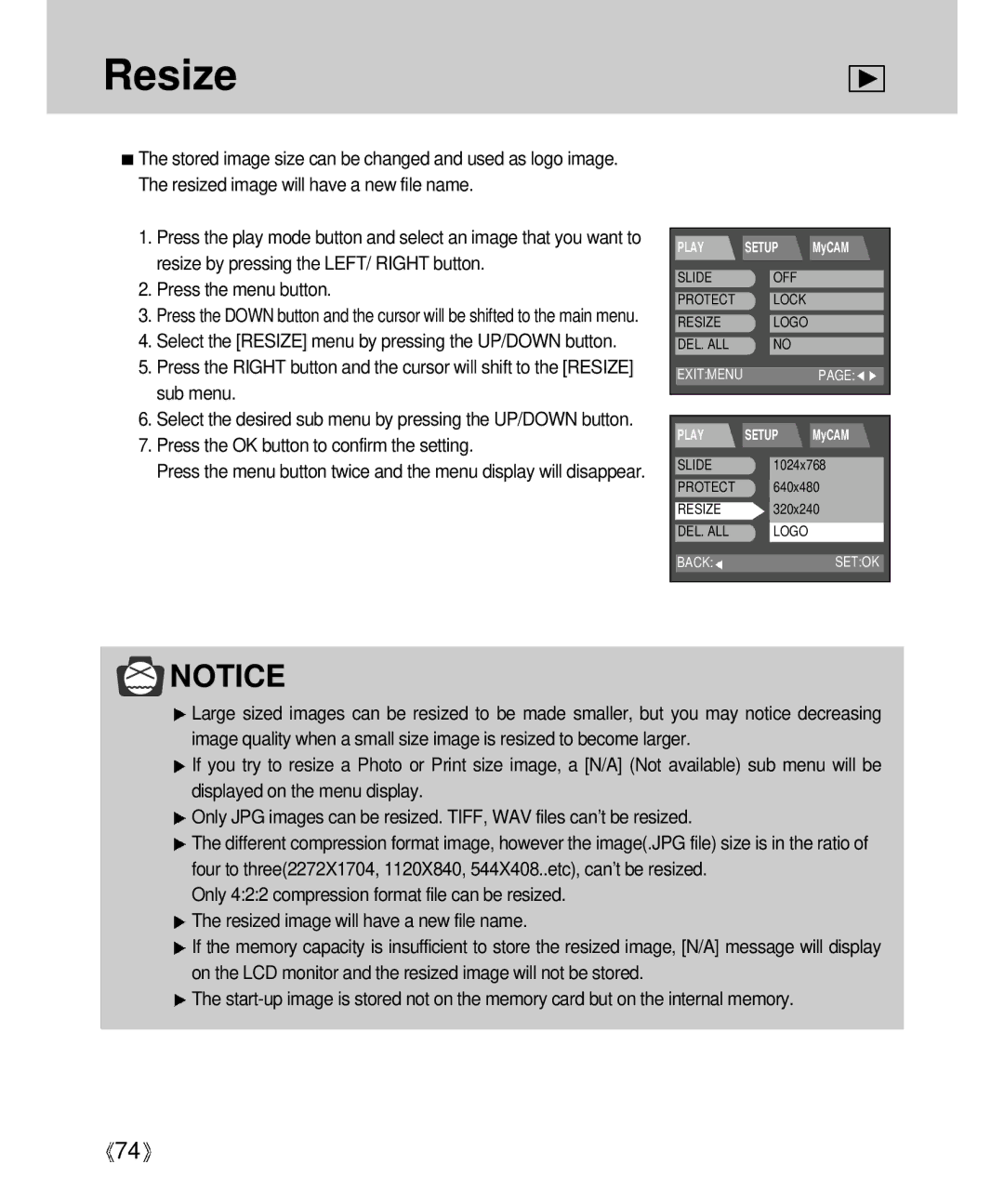 Samsung Digimax V4000 manual Resize, Press the OK button to confirm the setting 