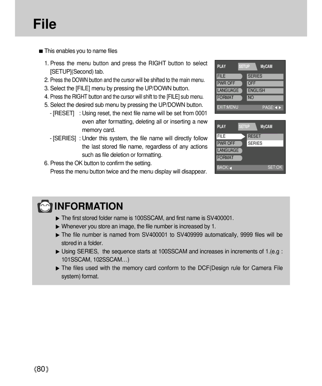 Samsung Digimax V4000 manual Select the File menu by pressing the UP/DOWN button 