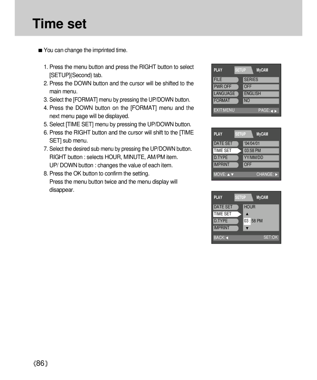 Samsung Digimax V4000 manual Time set 