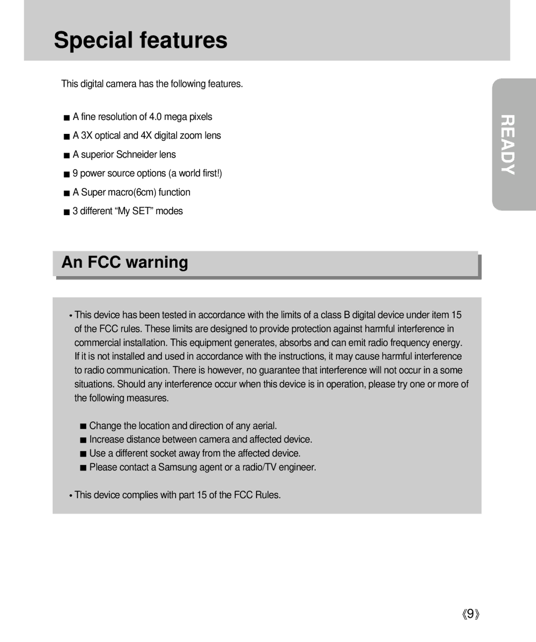 Samsung Digimax V4000 manual Special features, An FCC warning 