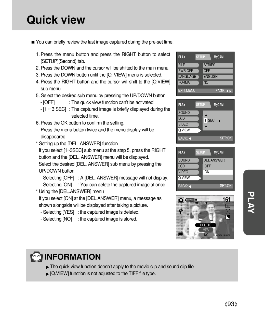 Samsung Digimax V4000 manual Quick view, UP/DOWN button Selecting OFF, Selecting on, Using the DEL.ANSWER menu 