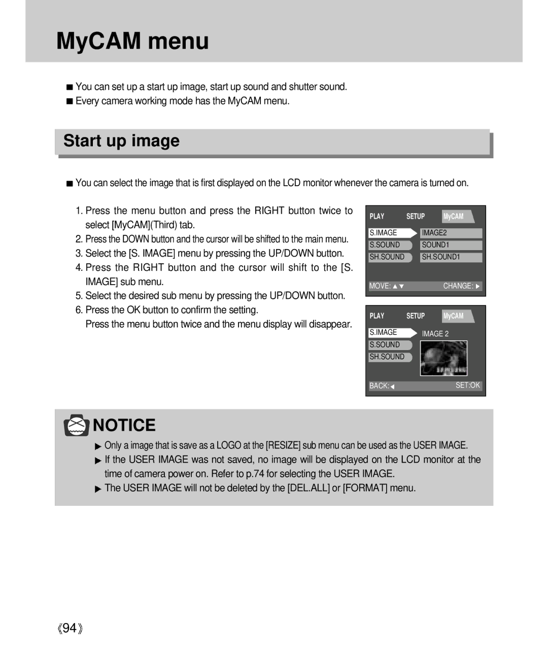 Samsung Digimax V4000 manual MyCAM menu, Start up image 