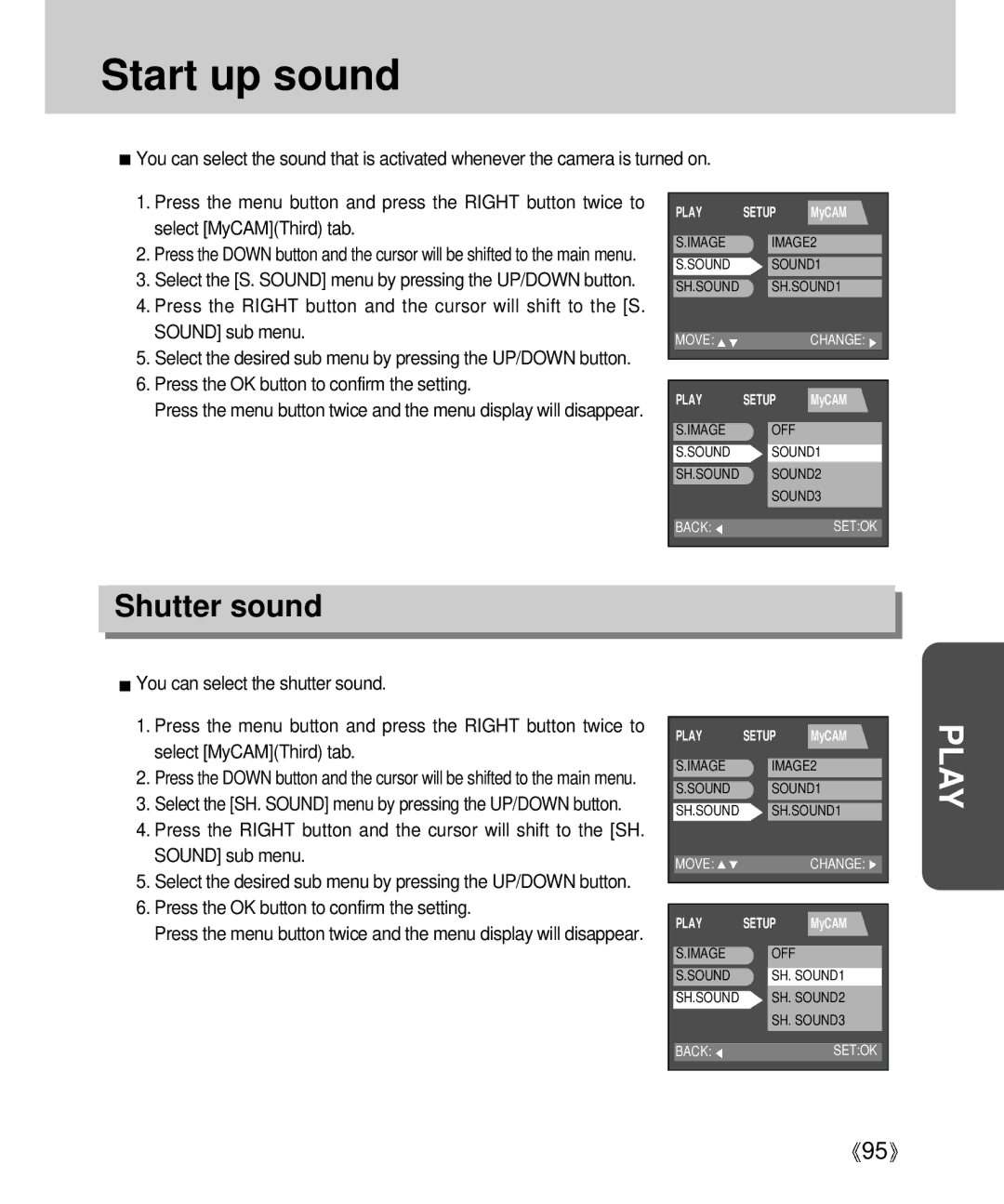 Samsung Digimax V4000 manual Start up sound, Shutter sound 