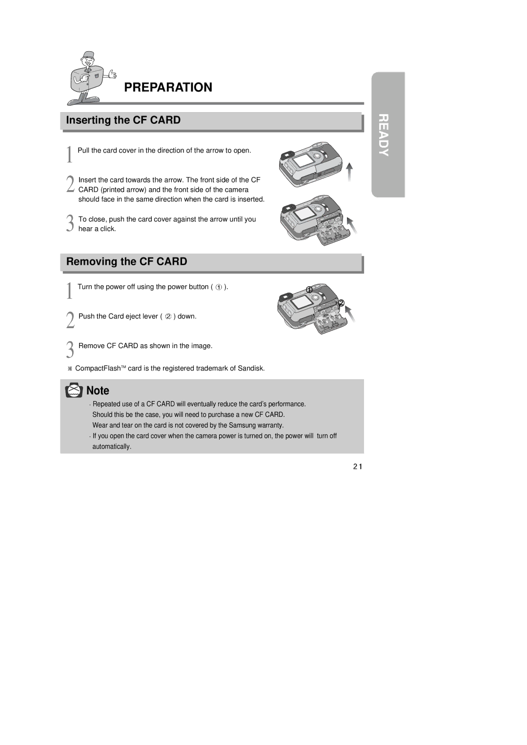 Samsung Digimax350 SE manual Inserting the CF Card, Removing the CF Card 