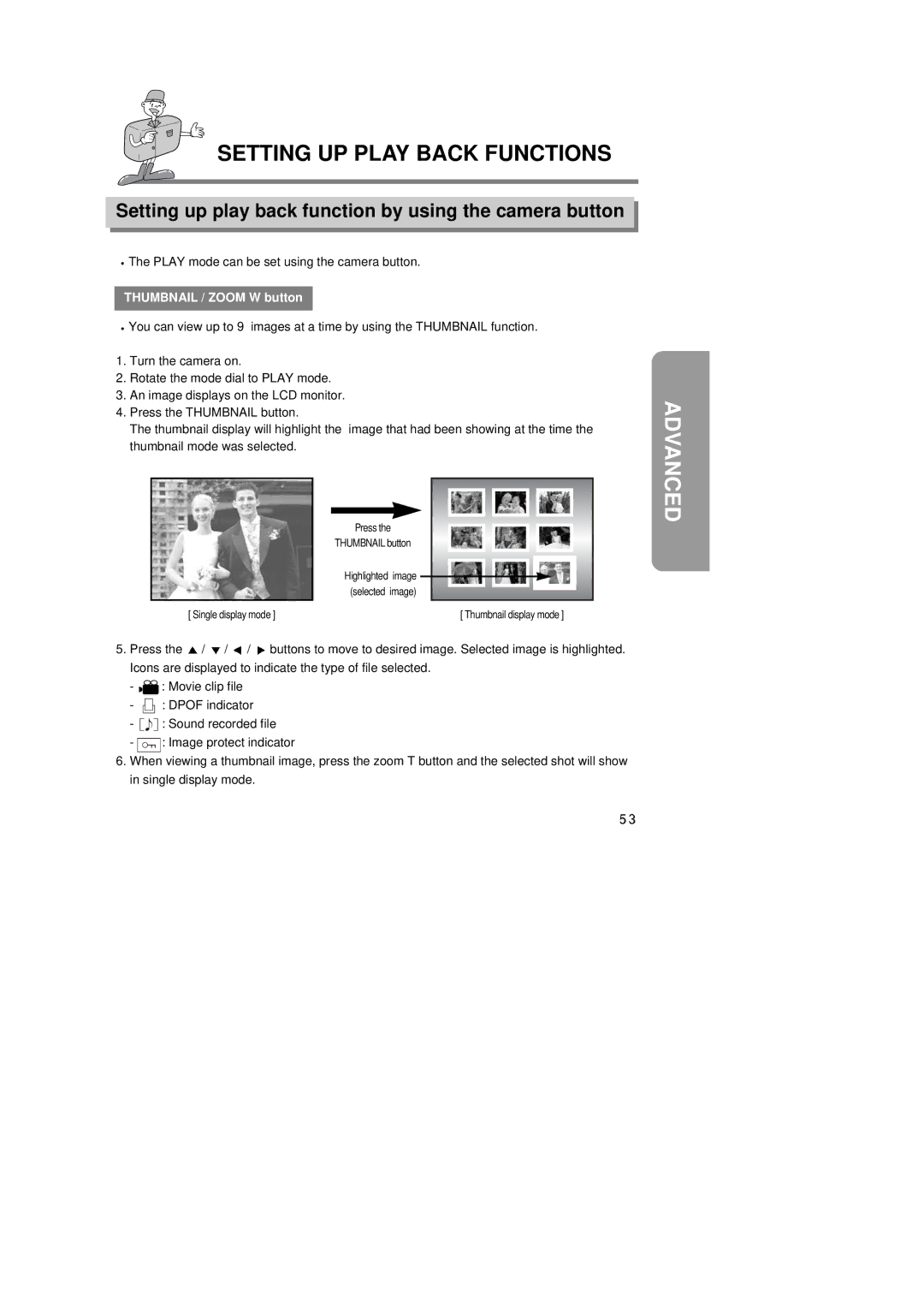 Samsung Digimax350 SE manual Setting up play back function by using the camera button, Thumbnail / Zoom W button 