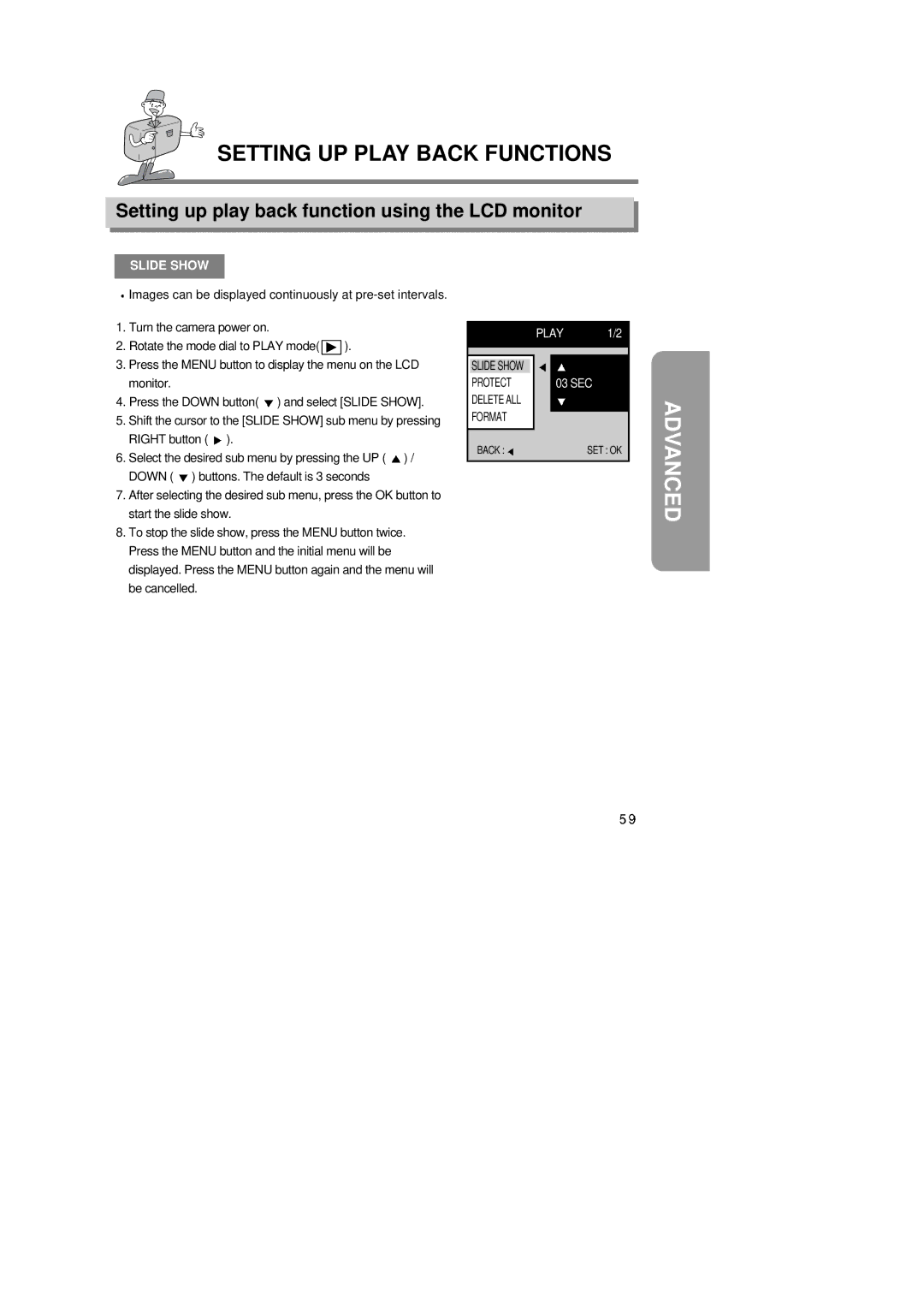 Samsung Digimax350 SE manual Setting up play back function using the LCD monitor, Slide Show 