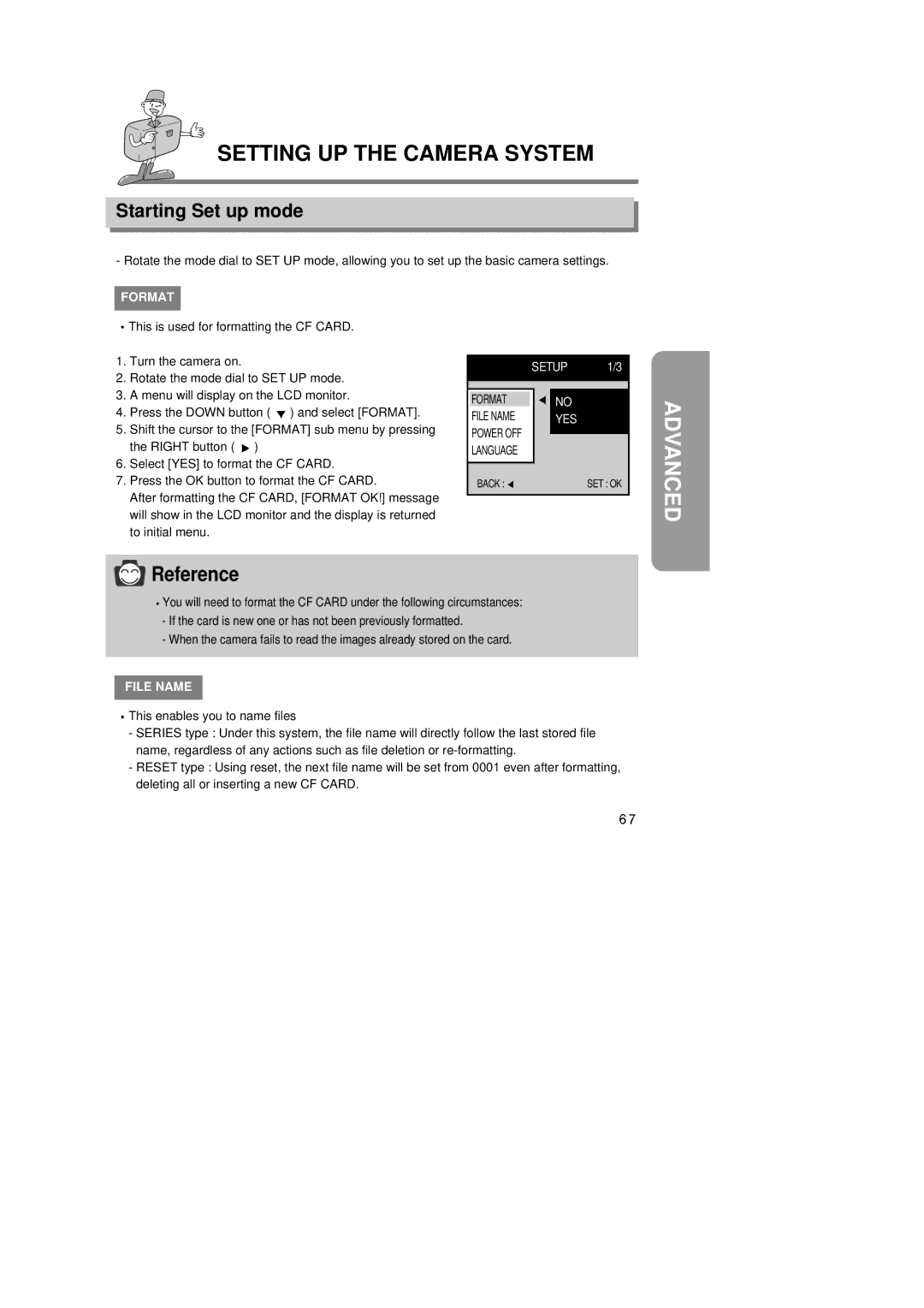 Samsung Digimax350 SE manual Setting UP the Camera System, Starting Set up mode, File Name 