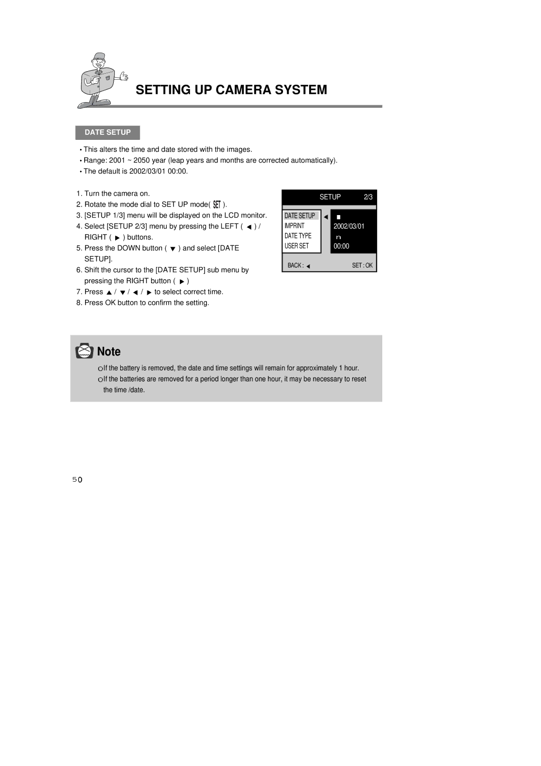 Samsung Digimax350 SE manual Setting UP Camera System, Date Setup 