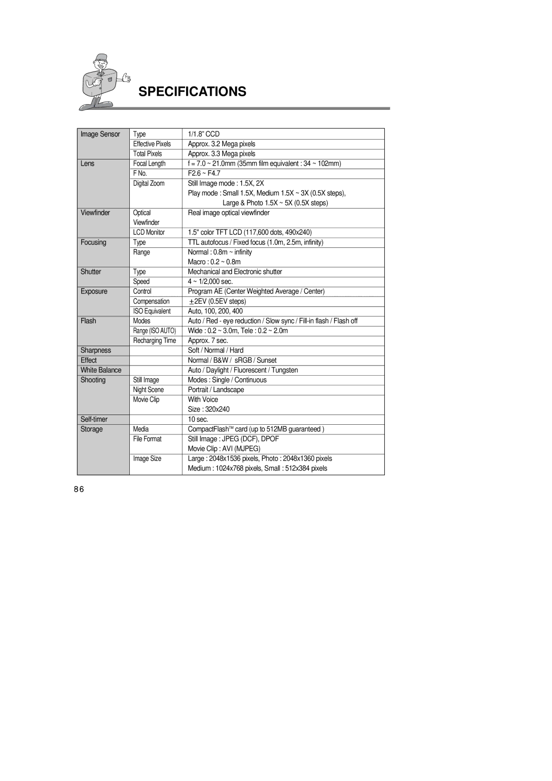 Samsung Digimax350 SE manual Specifications 