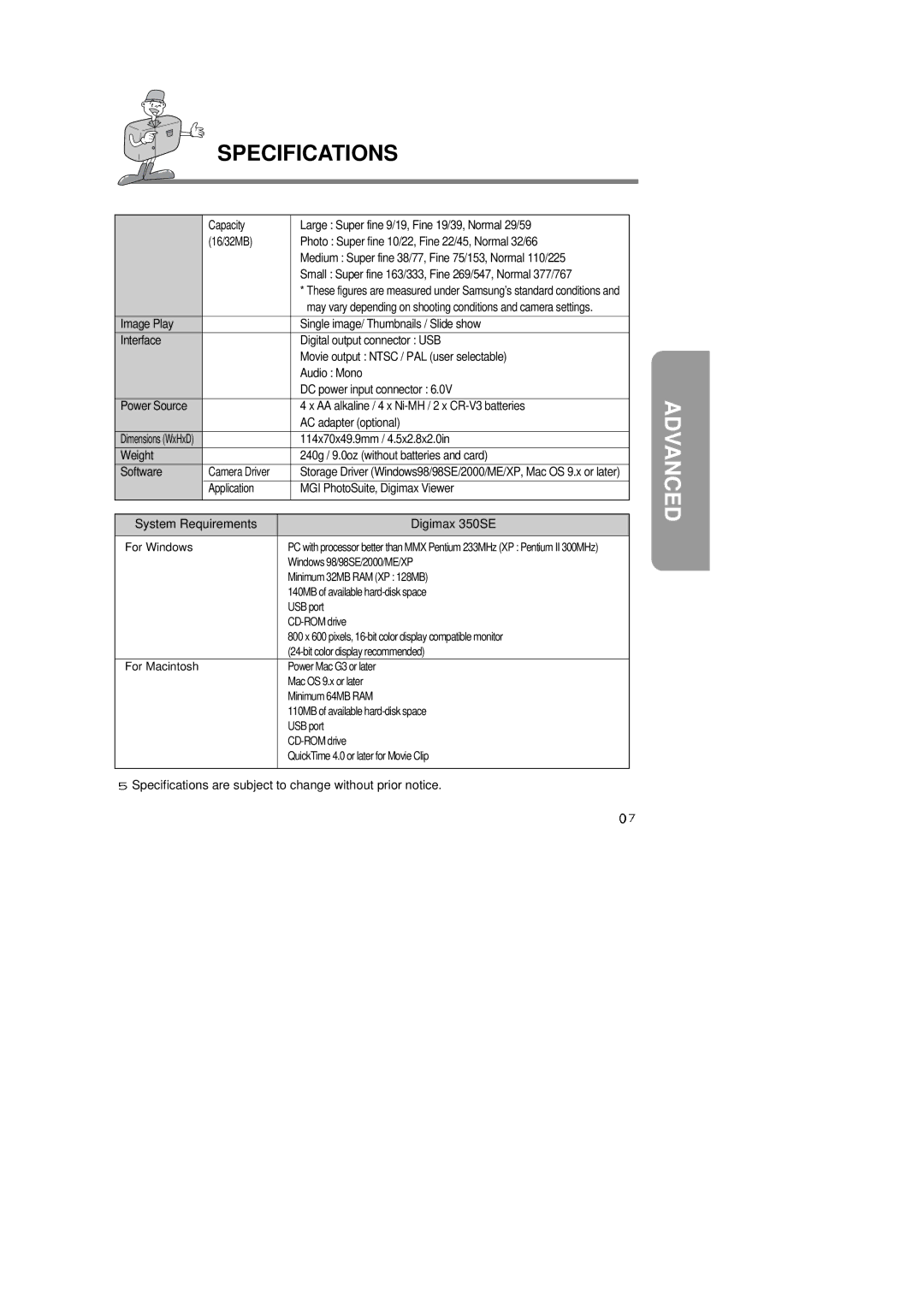 Samsung Digimax350 SE manual 114x70x49.9mm / 4.5x2.8x2.0in 