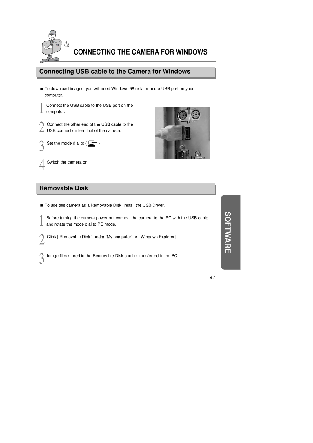 Samsung Digimax350 SE manual Connecting USB cable to the Camera for Windows, Removable Disk 