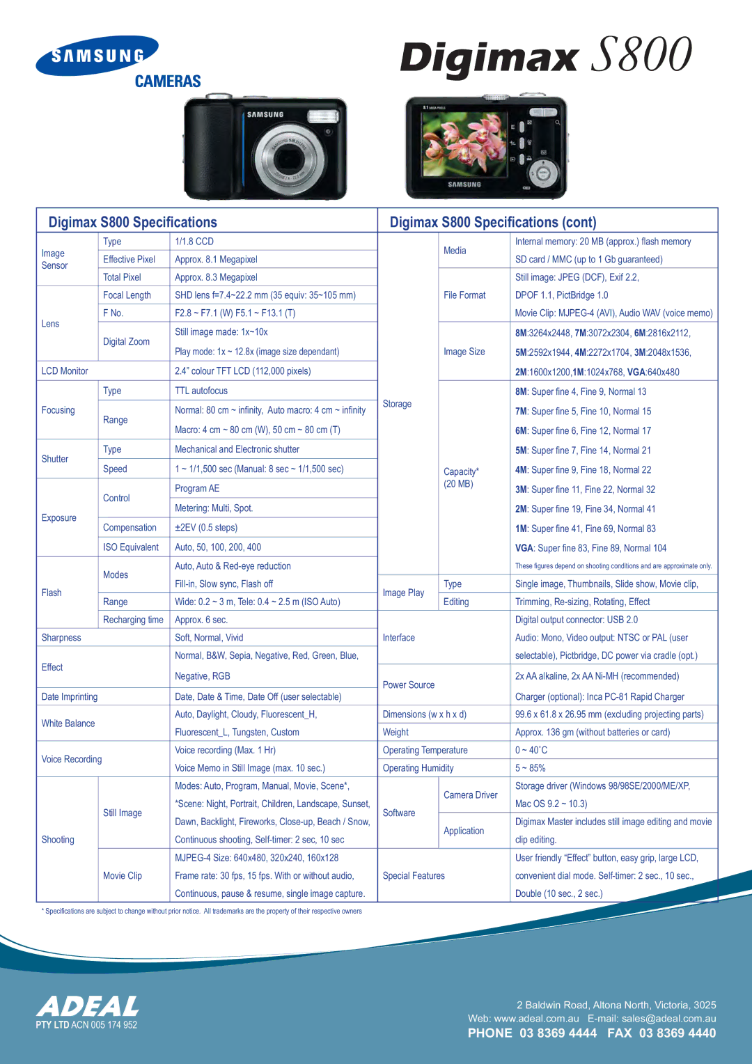 Samsung DIGITAL CAMERAS manual Digimax S800 Speciﬁcations, Double 10 sec., 2 sec 