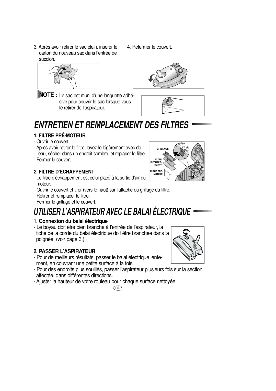 Samsung DJ68-00079J Connexion du balai électrique, Refermer le couvert, Succion, Fermer le couvert, Filtre D’ÉCHAPPEMENT 