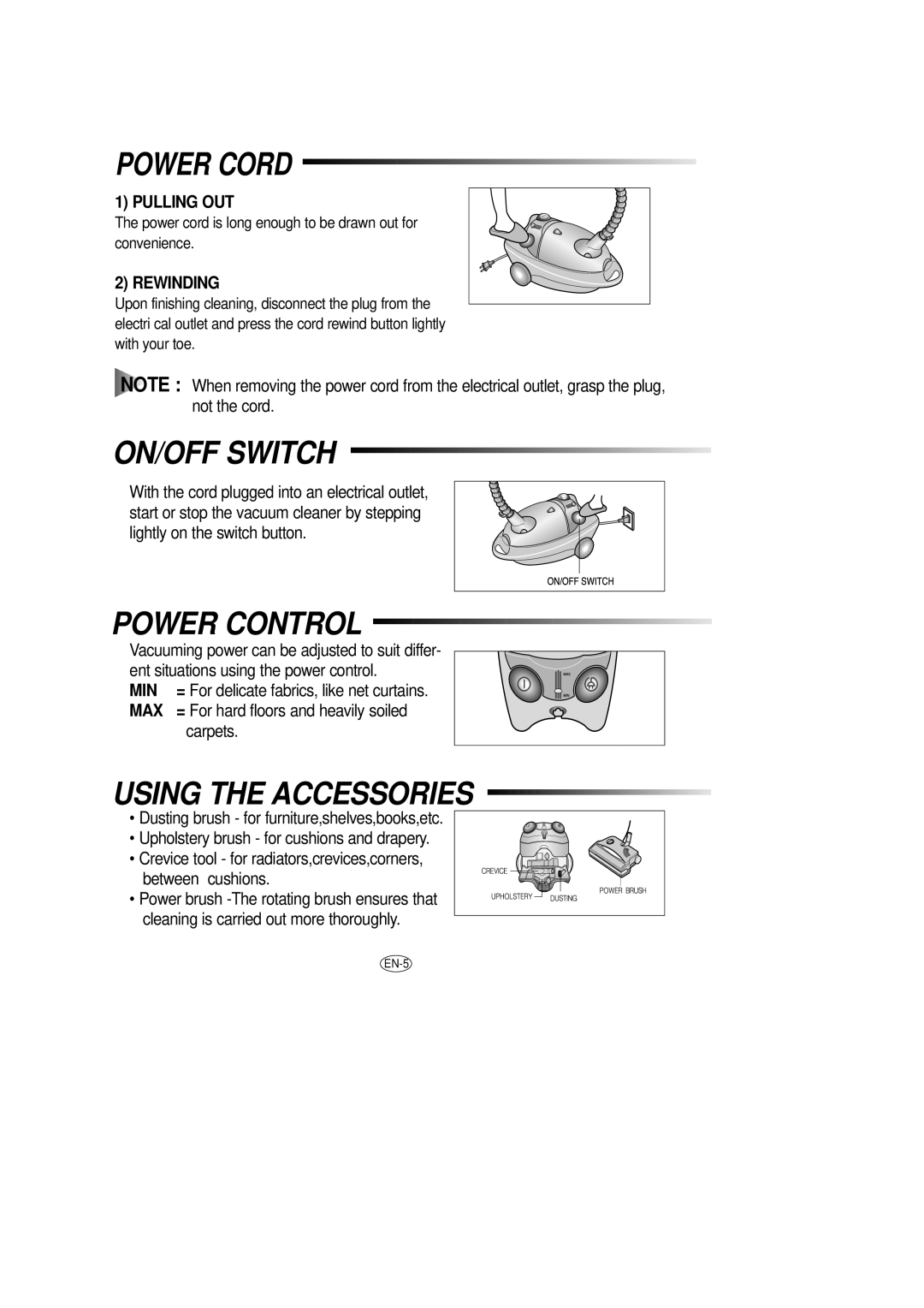 Samsung DJ68-00079J manual Power Cord, ON/OFF Switch, Power Control, Using the Accessories 