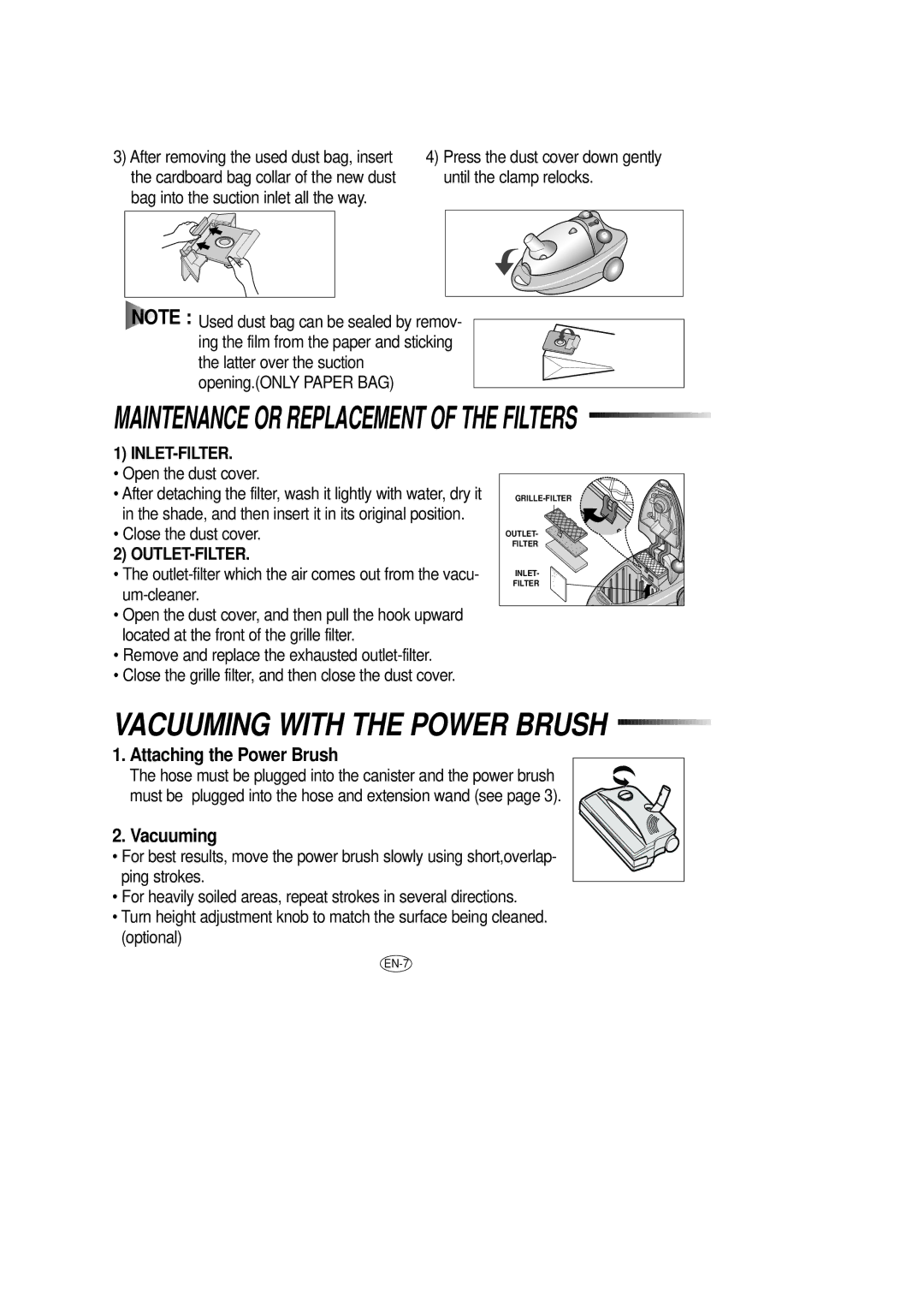 Samsung DJ68-00079J manual Vacuuming with the Power Brush, Attaching the Power Brush, Inlet-Filter, Outlet-Filter 