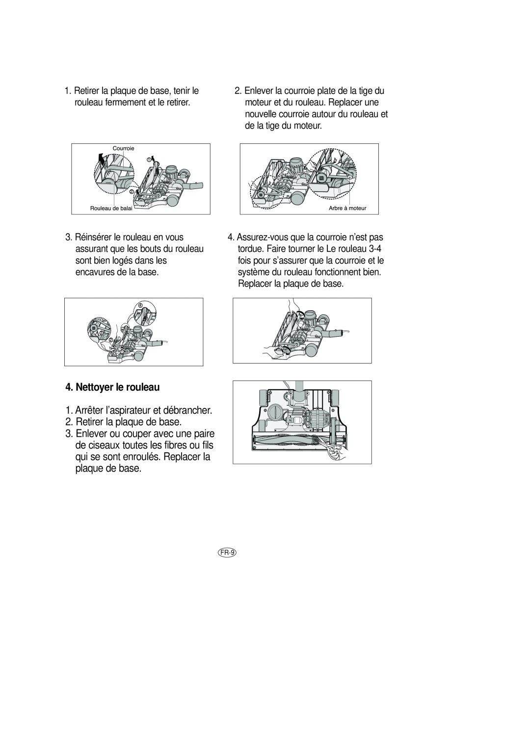 Samsung DJ68-00079J manual Nettoyer le rouleau, 1.Arrêter l’aspirateur et débrancher, Retirer la plaque de base 