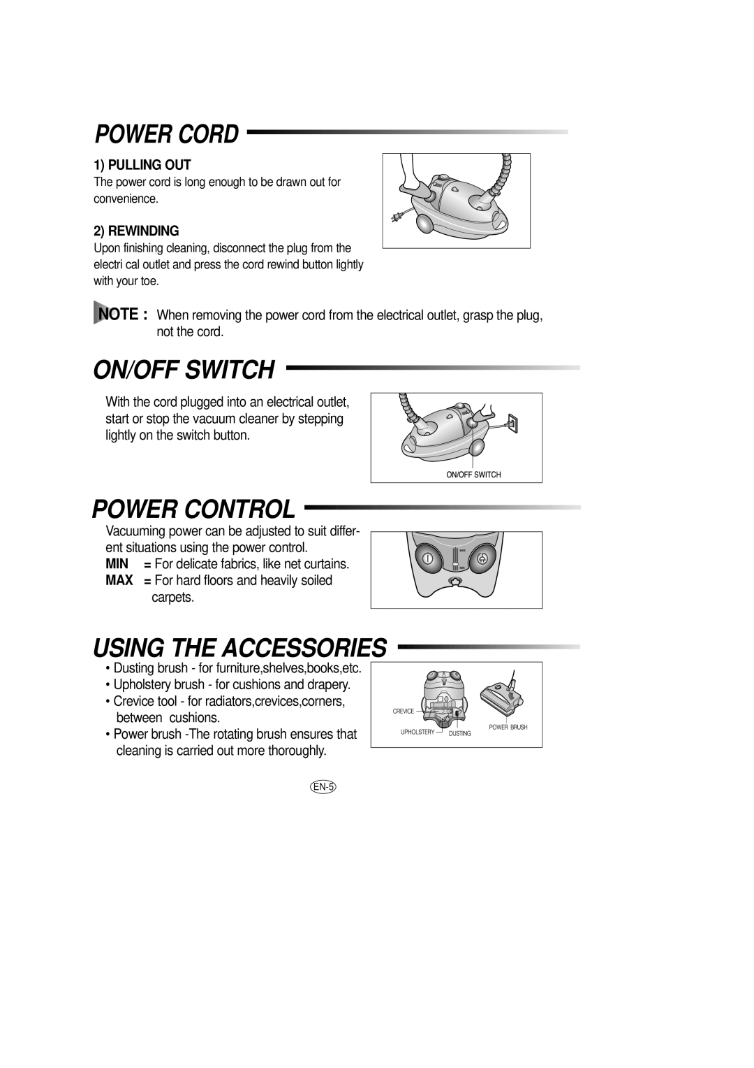 Samsung DJ68-00079J manual Power Cord, On/Off Switch, Power Control, Using The Accessories, Pulling Out, Rewinding, carpets 