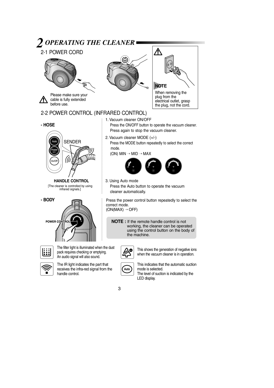 Samsung DJ68-00330A, SC8551 operating instructions 2OPERATING the Cleaner, Power Cord, Power Control Infrared Control 