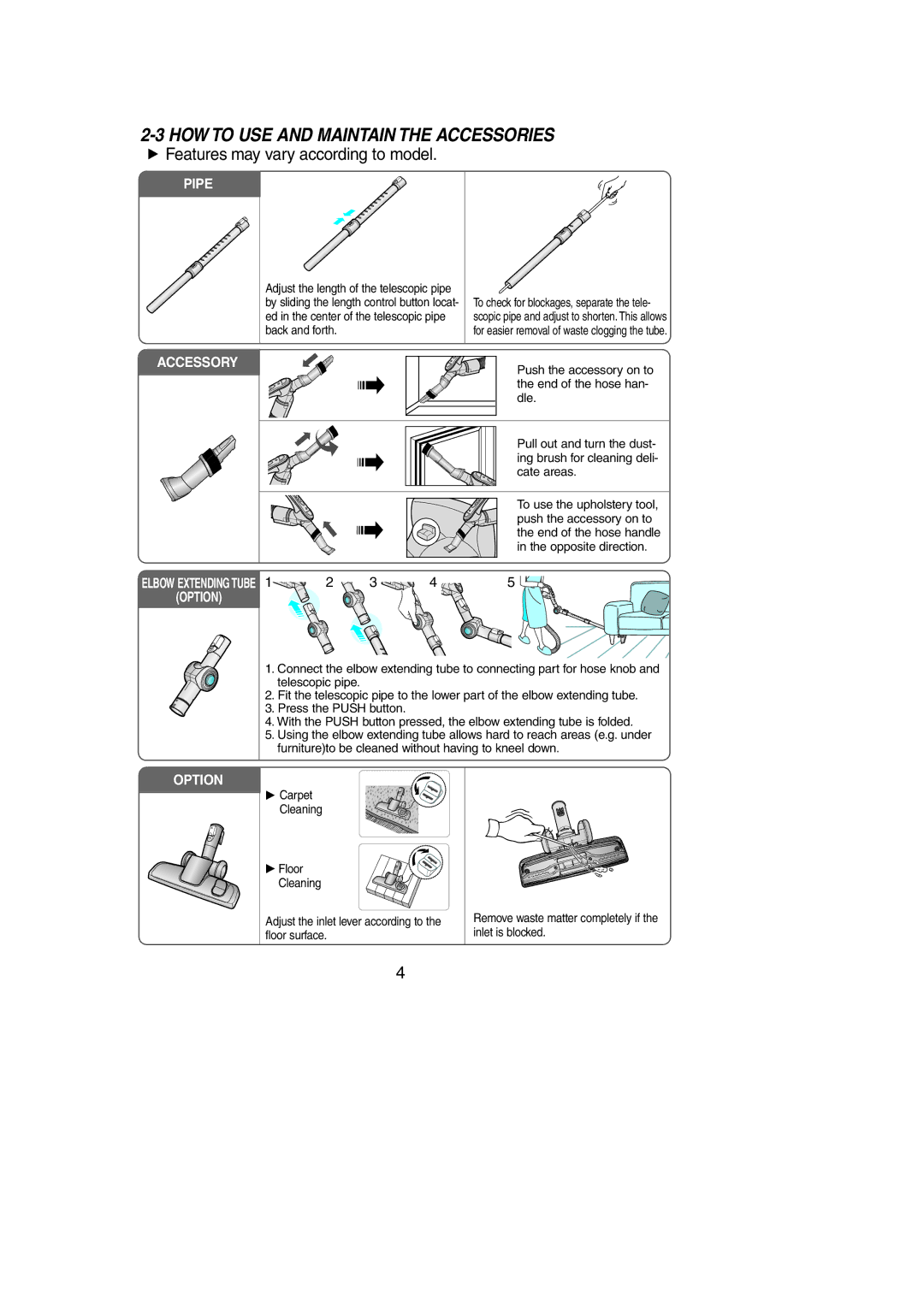 Samsung SC8551, DJ68-00330A operating instructions HOW to USE and Maintain the Accessories, Pipe 