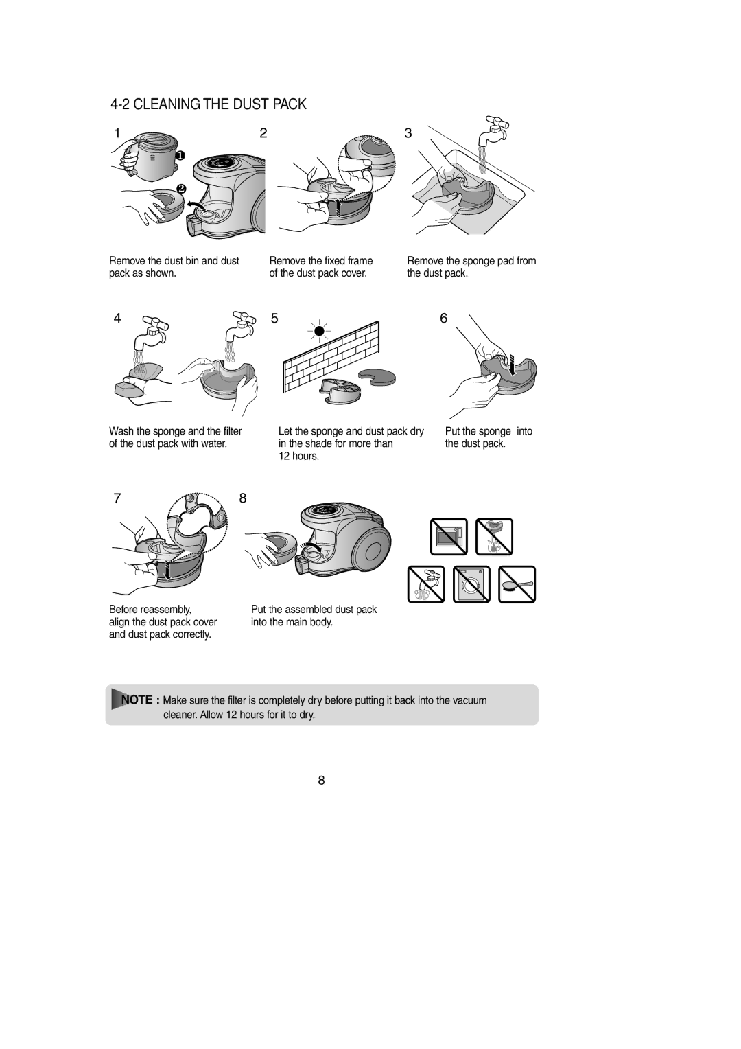 Samsung SC8551 Cleaning the Dust Pack, Remove the dust bin and dust Remove the fixed frame, Pack as shown Dust pack cover 