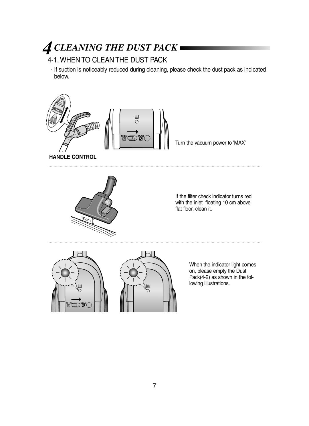 Samsung DJ68-00339U, SC65A1 manual 4CLEANING the Dust Pack, When to Clean the Dust Pack, Handle Control 