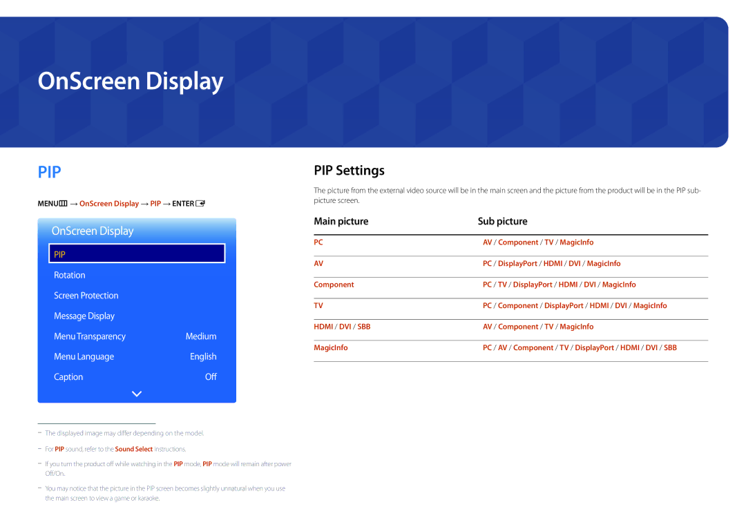 Samsung DM48D, DM55D, DM40D, DM32D user manual OnScreen Display, PIP Settings, Main picture Sub picture 