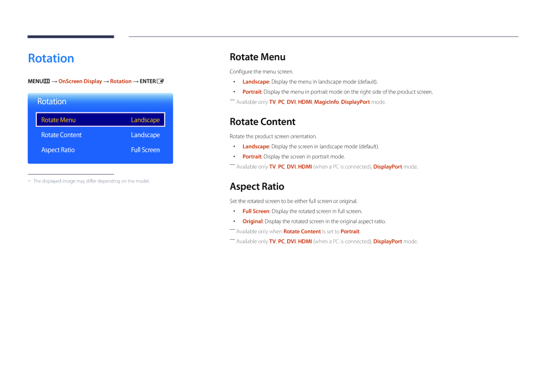 Samsung DM40D, DM48D, DM55D, DM32D user manual Rotation, Rotate Menu, Rotate Content, Aspect Ratio 