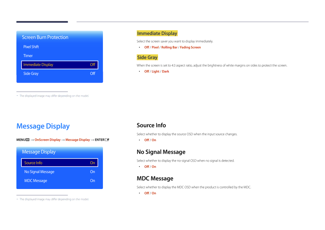 Samsung DM55D, DM48D, DM40D, DM32D user manual Message Display, Source Info, No Signal Message, MDC Message 