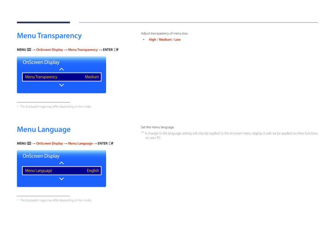 Samsung DM40D, DM48D, DM55D, DM32D High / Medium / Low, Menu m → OnScreen Display → Menu Language → Enter E 