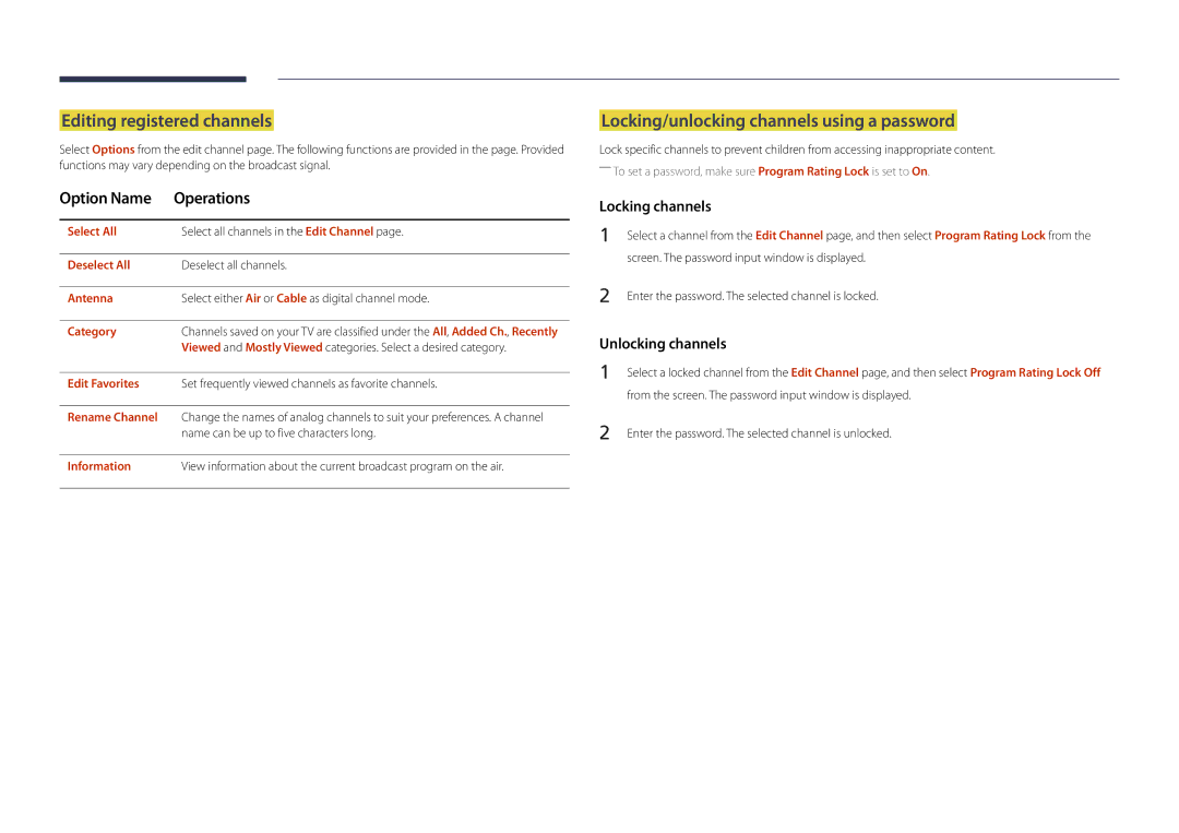 Samsung DM32D, DM48D, DM55D Editing registered channels, Locking/unlocking channels using a password, Locking channels 