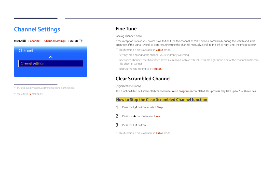 Samsung DM40D, DM48D, DM55D, DM32D Channel Settings, Fine Tune, How to Stop the Clear Scrambled Channel function 