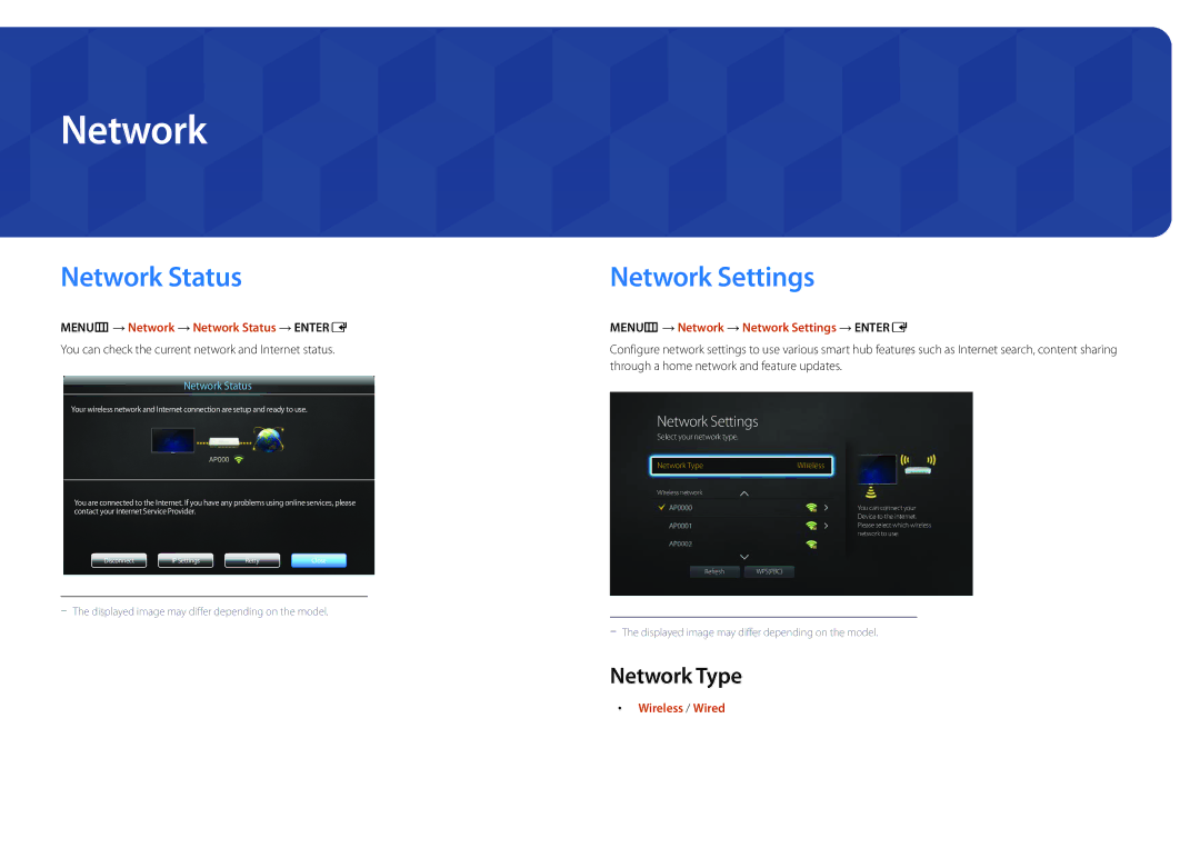 Samsung DM32D, DM48D, DM55D, DM40D user manual Network Status, Network Settings, Network Type 