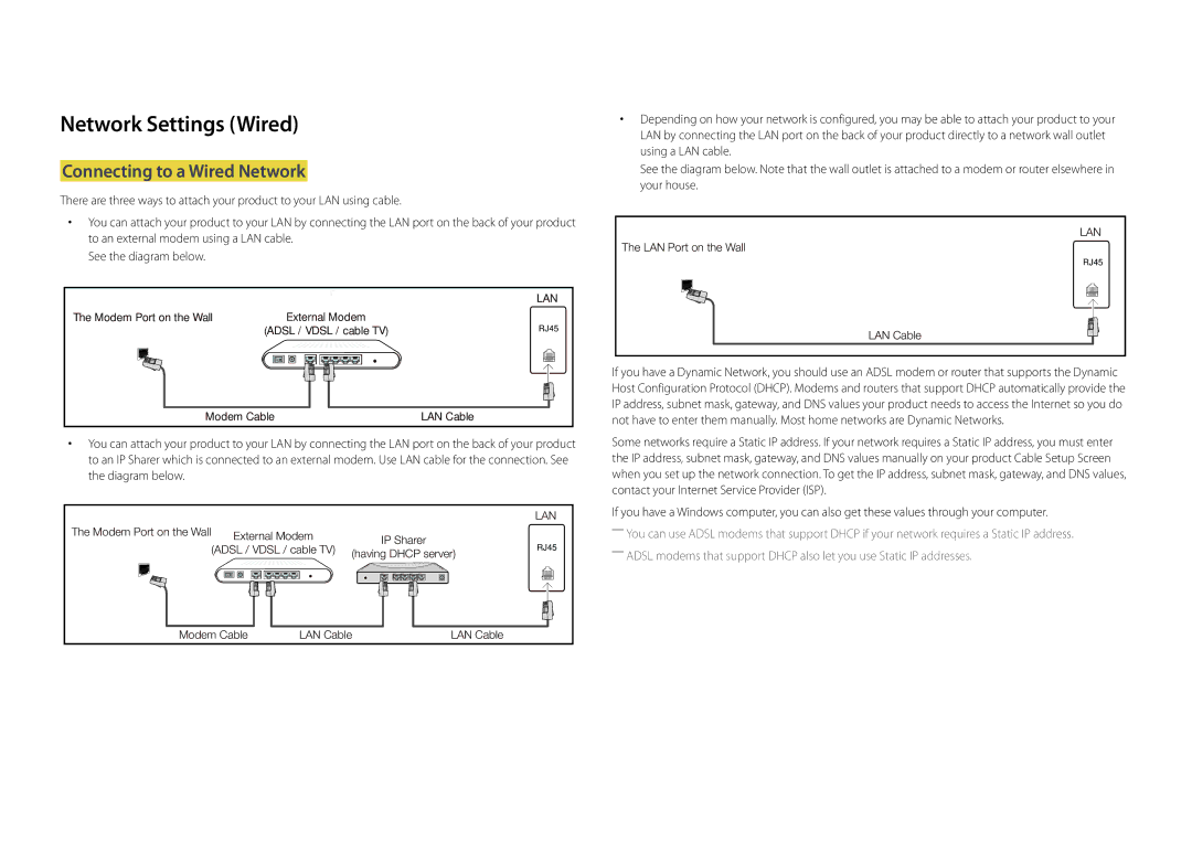 Samsung DM48D, DM55D, DM40D, DM32D user manual Network Settings Wired, Connecting to a Wired Network 