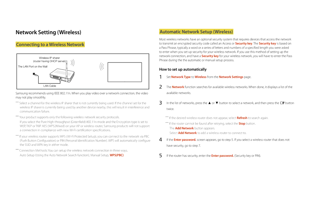 Samsung DM40D, DM48D, DM55D Network Setting Wireless, Connecting to a Wireless Network, Automatic Network Setup Wireless 