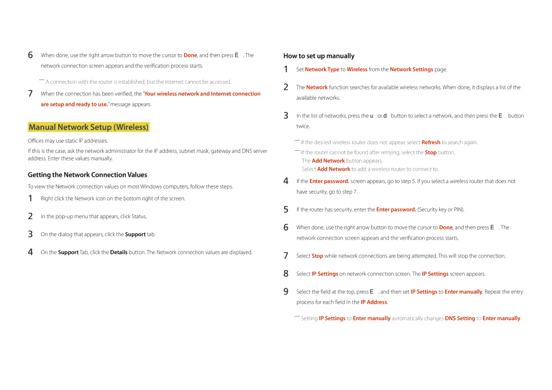 Samsung DM32D, DM48D, DM55D, DM40D user manual Manual Network Setup Wireless 