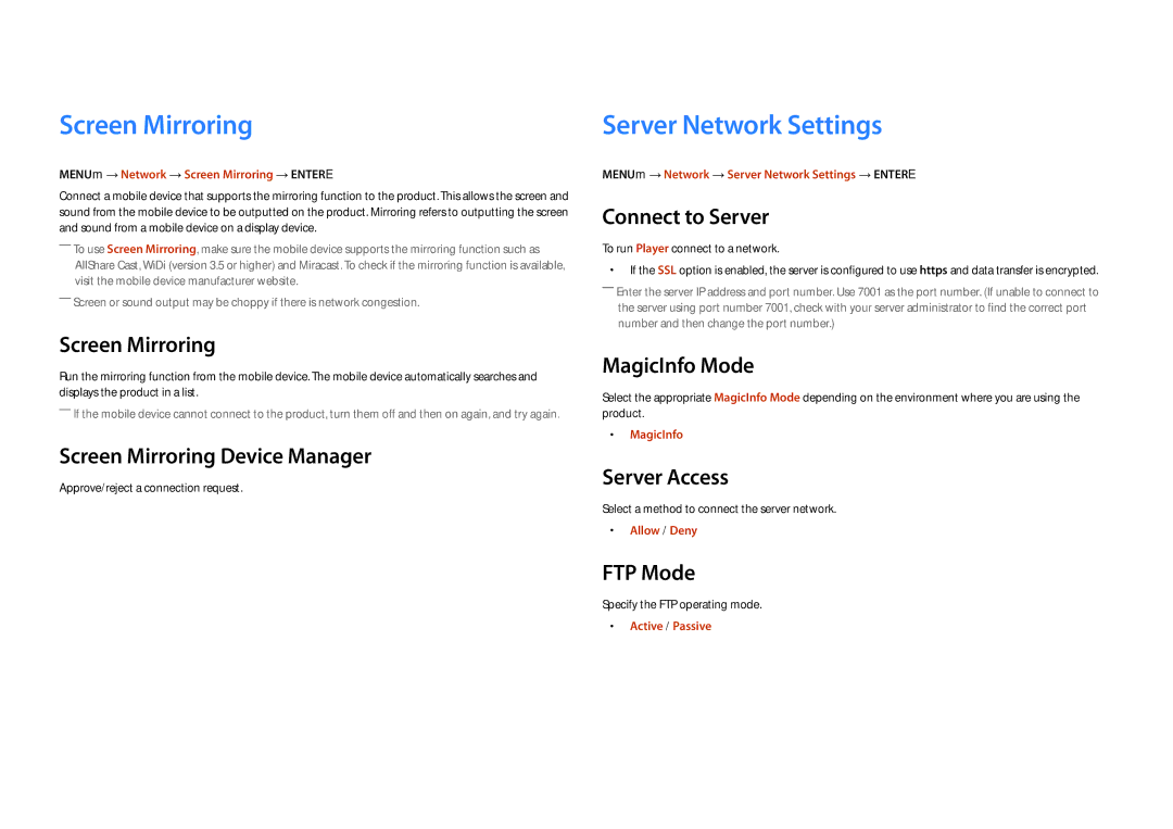 Samsung DM40D, DM48D, DM55D, DM32D user manual Screen Mirroring, Server Network Settings 