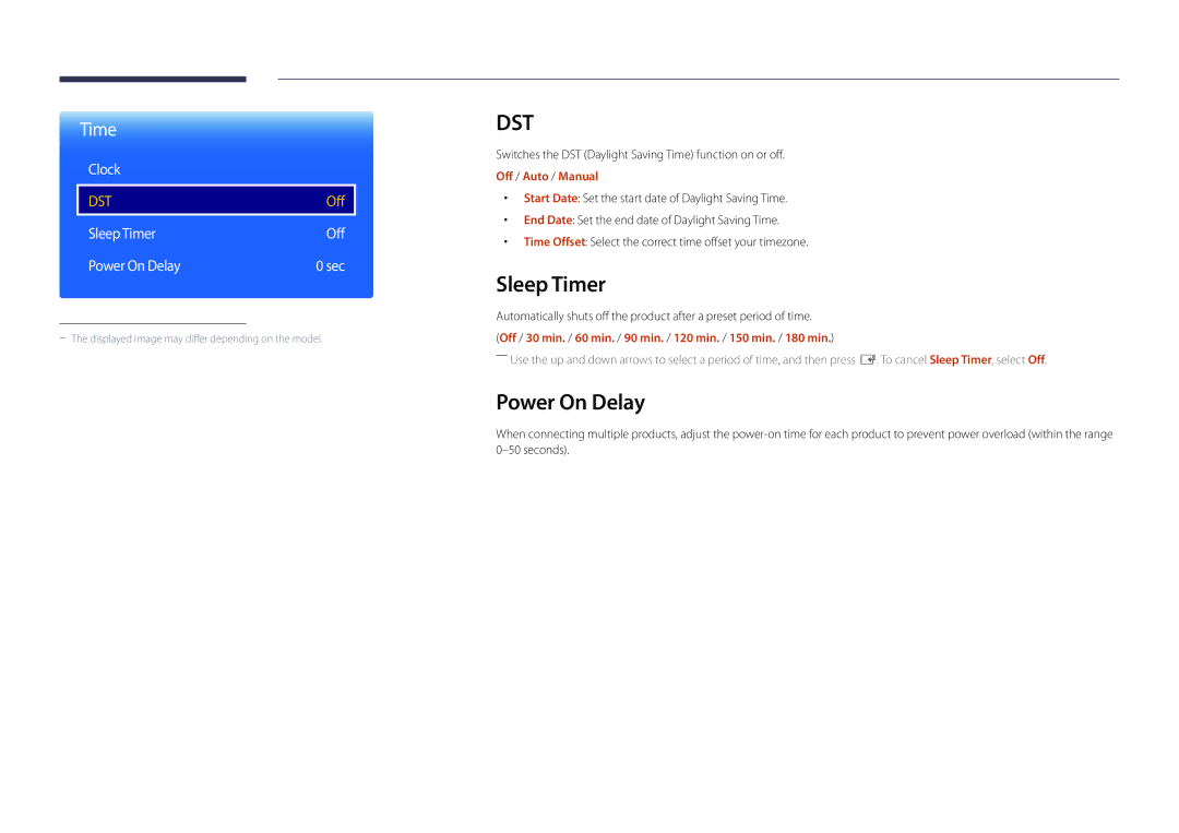 Samsung DM55D, DM48D, DM40D, DM32D user manual Sleep Timer, Power On Delay, Clock, Off / Auto / Manual 