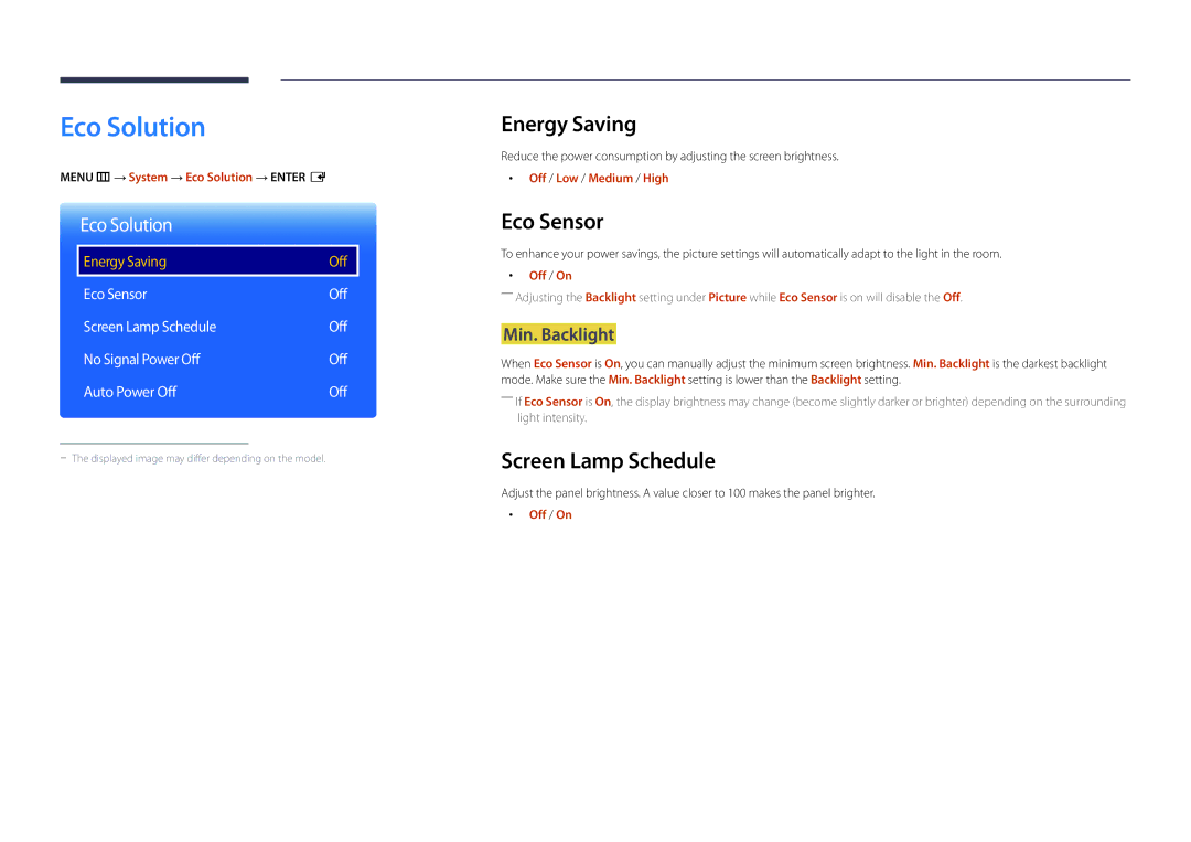 Samsung DM55D, DM48D, DM40D, DM32D user manual Eco Solution, Energy Saving, Eco Sensor, Screen Lamp Schedule 