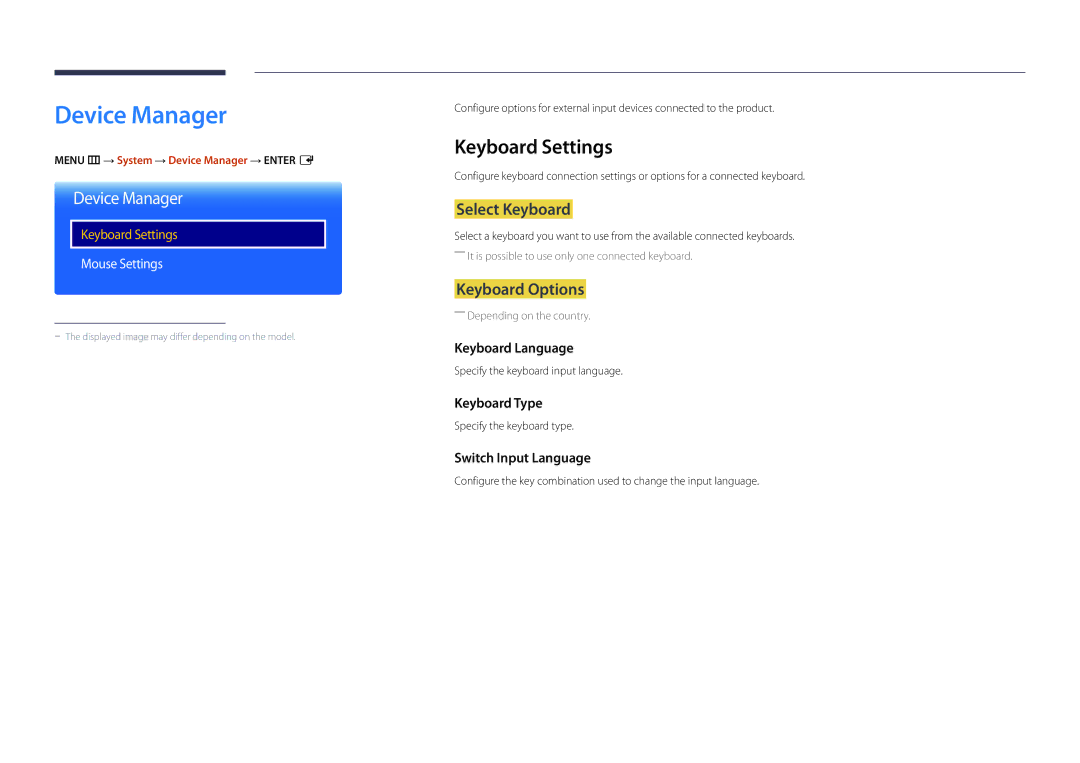 Samsung DM32D, DM48D, DM55D, DM40D user manual Device Manager, Keyboard Settings, Select Keyboard, Keyboard Options 