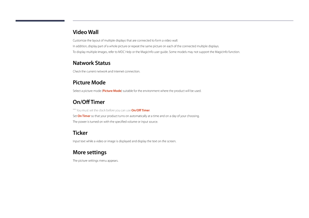 Samsung DM32D, DM48D, DM55D, DM40D user manual Natwork Status, Picture Mode, On/Off Timer, Ticker, More settings 