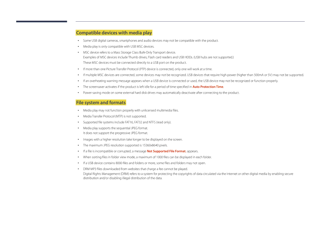 Samsung DM40D, DM48D, DM55D, DM32D user manual Compatible devices with media play, File system and formats 