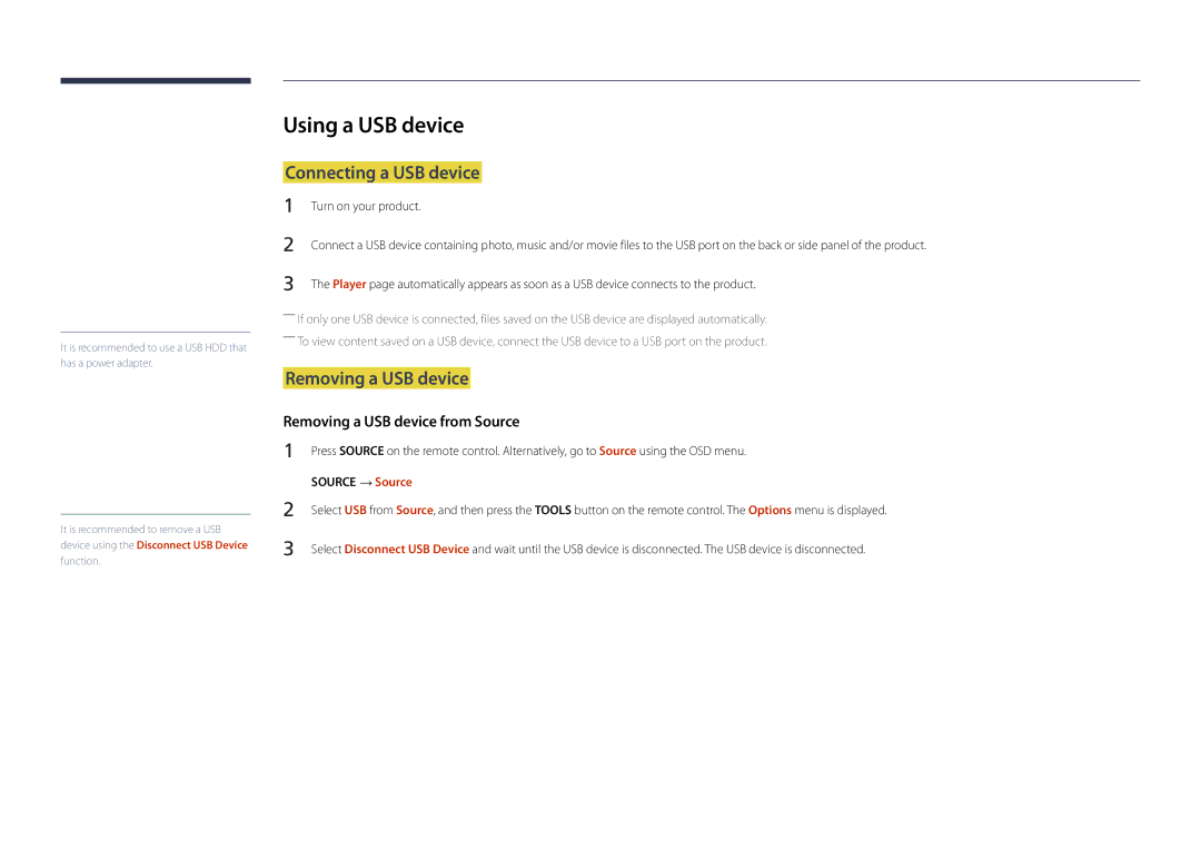 Samsung DM32D Using a USB device, Connecting a USB device, Removing a USB device from Source, Turn on your product 