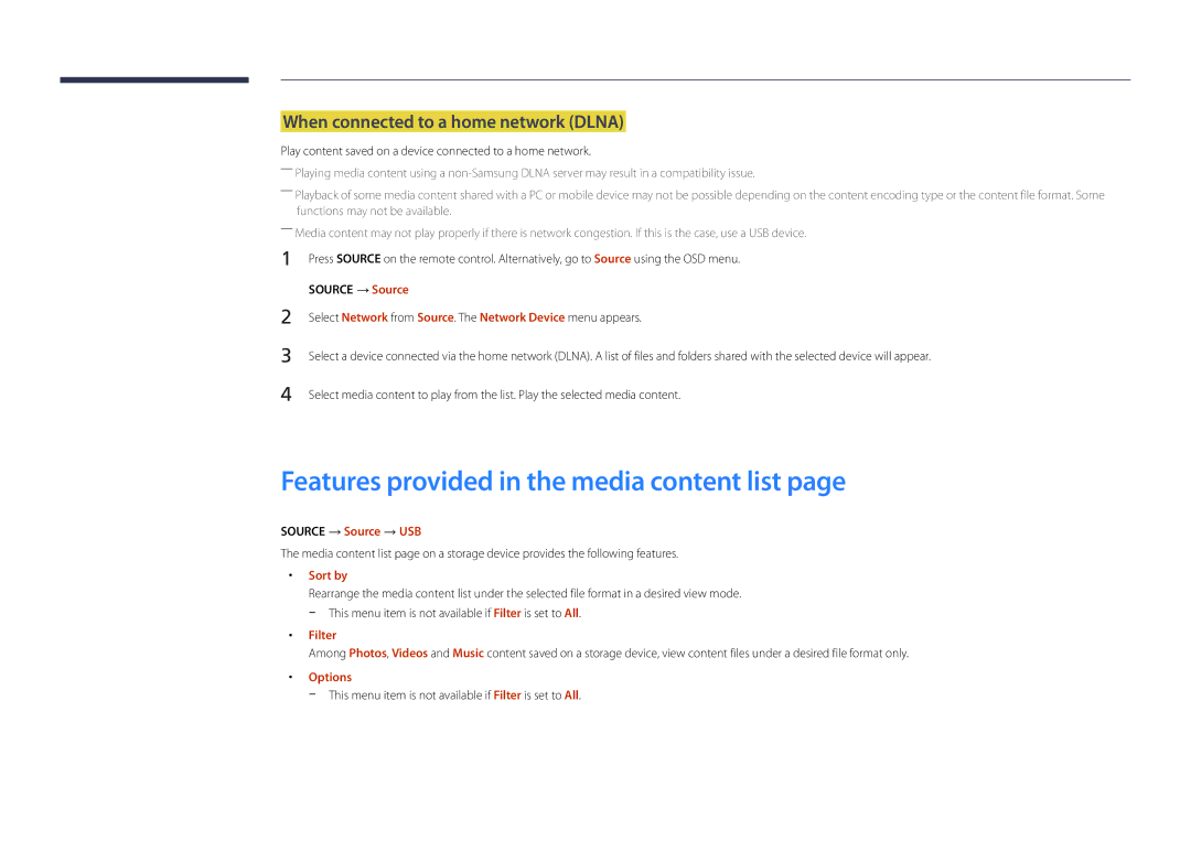 Samsung DM55D Features provided in the media content list, When connected to a home network Dlna, Source → Source → USB 