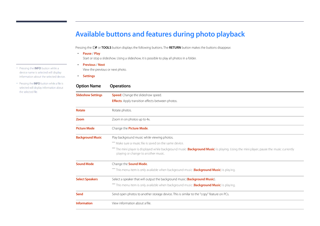 Samsung DM32D, DM48D, DM55D, DM40D user manual Available buttons and features during photo playback 