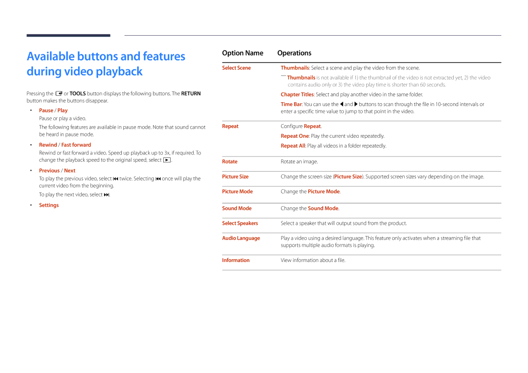 Samsung DM48D, DM55D, DM40D, DM32D user manual Rewind / Fast forward, Select Scene, Picture Size, Audio Language 