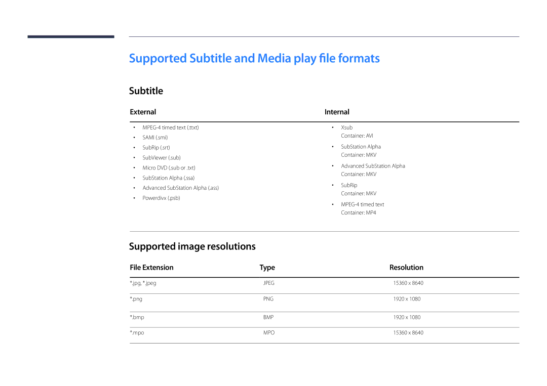 Samsung DM40D, DM48D, DM55D, DM32D Supported Subtitle and Media play file formats, Supported image resolutions, External 